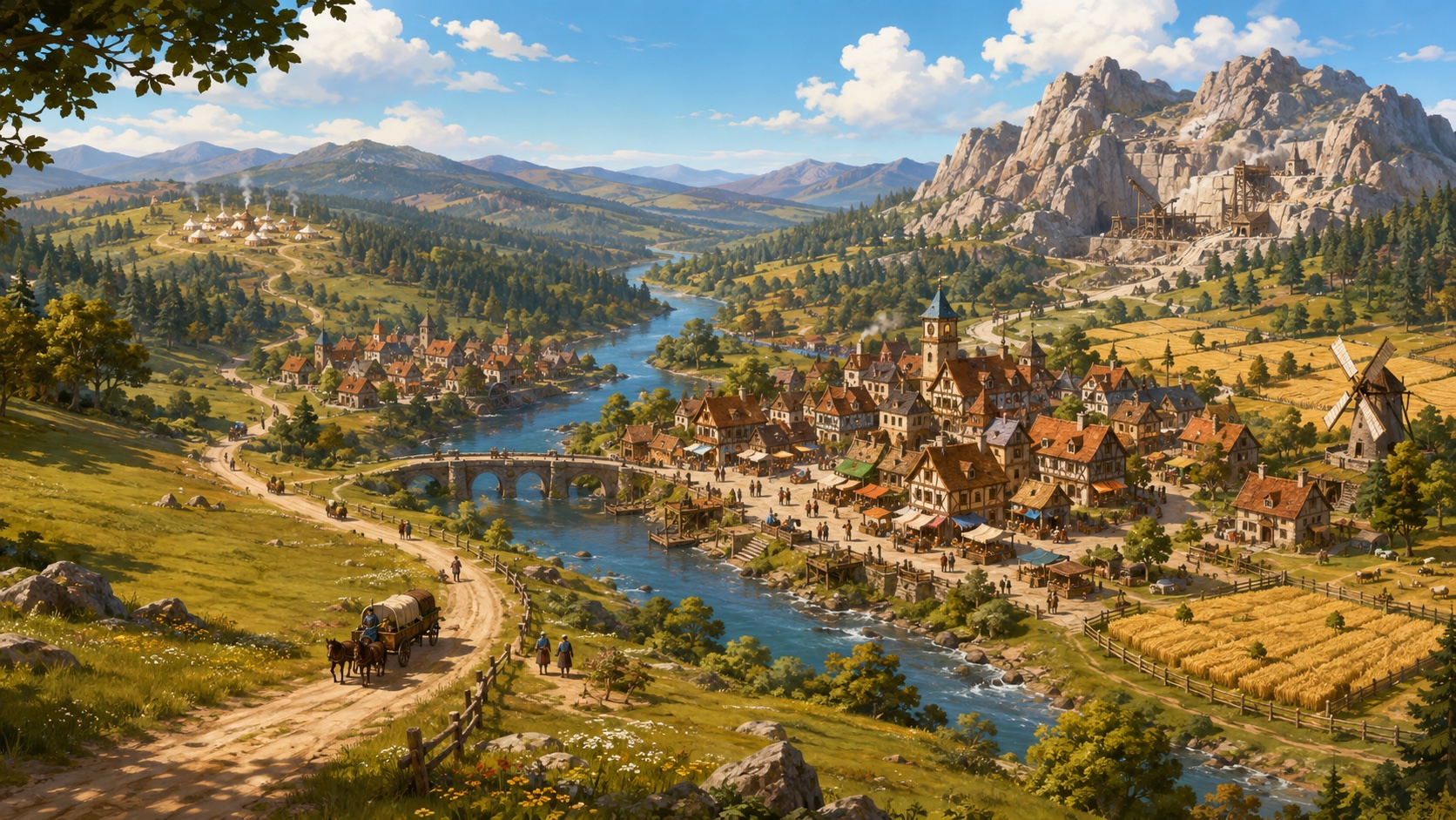 An illustrated river valley with woodland, farms and a medieval settlement